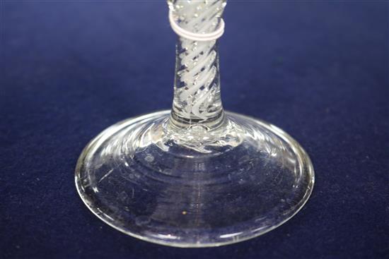 A wine glass with knopped opaque and mercury twist stem, c.1755, with bucket bowl, 6.25in.